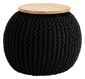 Morgan Round Woven Pouffe With Wooden Plate In Black