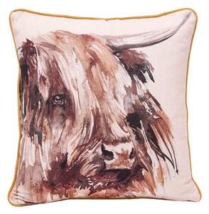 Meg Hawkins Highland Cow Square Cushion with Wooden Buttons Cream