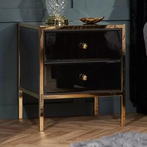 Finback Black Glass Bedside Cabinet With Gold Frame