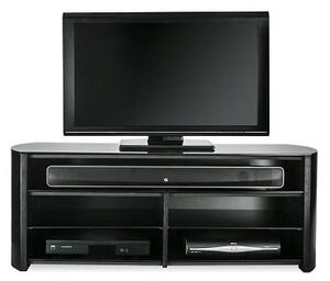 Flare Black Glass TV Stand With Black Oak Wooden Base