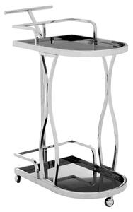 Kurhah Black Glass Serving Trolley With Silver Wavy Frame