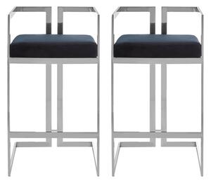 Azaltro Black Velvet Bar Stools With Silver Metalframe In Pair