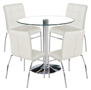 Dante Round Glass Dining Set With 4 White PU Leather Coco Chairs