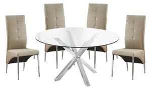 Crossley Round Glass Dining Table With 4 Vesta Taupe Chairs