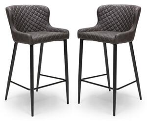 Charlie Grey Leather Bar Stool With Metal Base In Pair