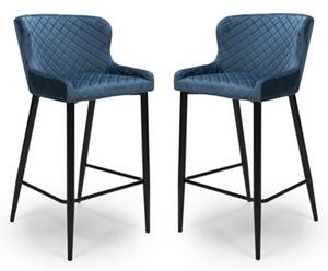 Malmo Blue Velvet Fabric Bar Stool With Metal Base In Pair