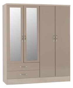 Mark Oak Wooden Wardrobe With 4 Doors Oyster Gloss Front