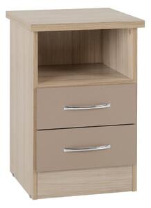 Mark Oak Wooden Bedside Cabinet With 2 Drawers Oyster Gloss Front