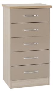 Mark Narrow Oak Wooden Chest Of 5 Drawers With Oyster Gloss Front