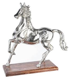 Horse Sculpture In Antique Aluminium With Brown Wooden Base