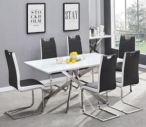 Petra Large White Glass Dining Table 6 Petra Black White Chairs