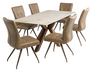 Salvo Kass Gold Stone Dining Table With 6 Kalista Taupe Chairs