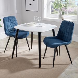 Arta Square White Wooden Dining Table 2 Blue Diamond Chairs