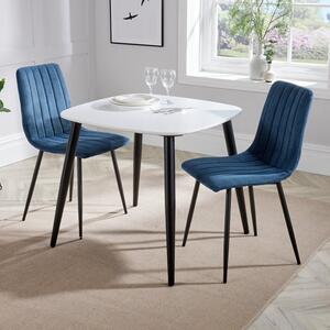 Arta Square White Wooden Dining Table 2 Blue Straight Chairs