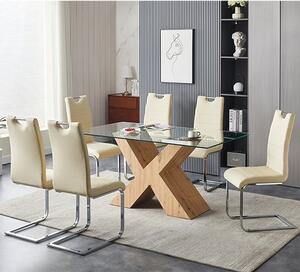 Zanti Glass Dining Table With Oak Base 6 Petra Cream Chairs