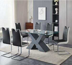 Zanti Glass Dining Table With Grey Base 6 Petra Grey White Chairs