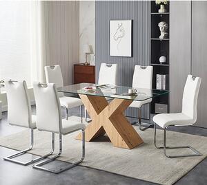 Zanti Glass Dining Table With Oak Base 6 Petra White Chairs