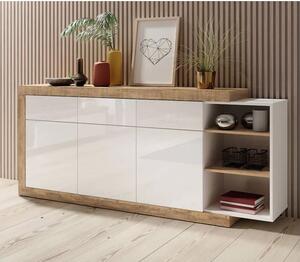 Sanur High Gloss Sideboard 3 Doors 3 Drawers In White Sandal Oak