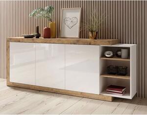 Sanur High Gloss Sideboard Wide 3 Doors In White And Sandal Oak