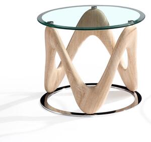 Dunic Round Glass End Table In Sonoma Oak And Chrome Base