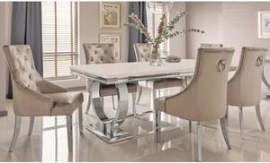 Kelsey Cream Marble Dining Table With 6 Bevin Champagne Chairs