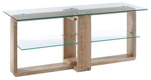 Alfratos Clear Glass Top TV Stand With Natural Wooden Base