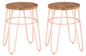 Pherkad Wooden Hairpin Stools With Pink Metal Legs In Pair