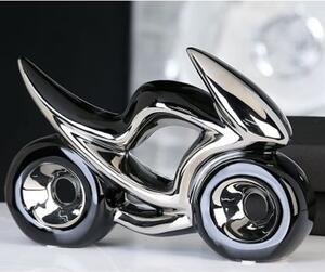 Race Ceramic Motorcycle Sculpture In Black And Silver