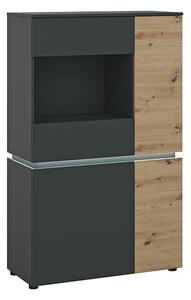 Levy LED Wooden 4 Doors Low Display Cabinet In Oak And Grey