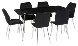 Wims Rectangular Black Glass Dining Table With 6 Velvet Chairs