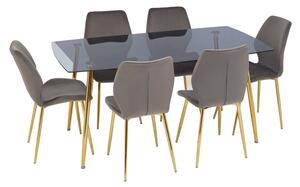 Wims Rectangular Grey Glass Dining Table With 6 Velvet Chairs