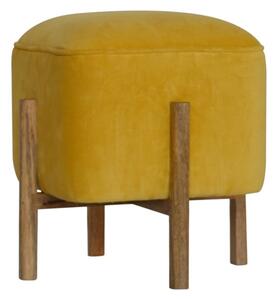 Clarkia Velvet Footstool In Mustard With Solid Wood Legs