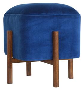 Clarkia Velvet Footstool In Royal Blue With Solid Wood Legs