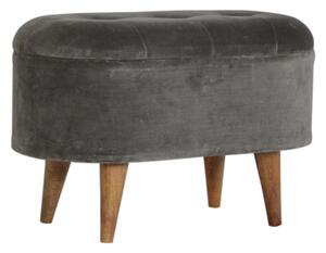 Aqua Velvet Curved Storage Footstool In Grey Tweed And Oak Ish