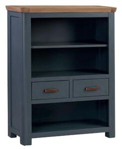 Trevino Low Wooden Bookcase In Midnight Blue And Oak