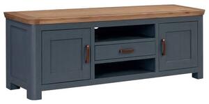 Trevino Wide Wooden TV Stand In Midnight Blue And Oak