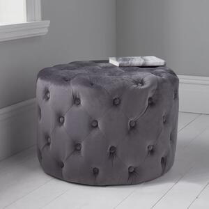 Brea Round Tufted Velvet Pouffe In Grey