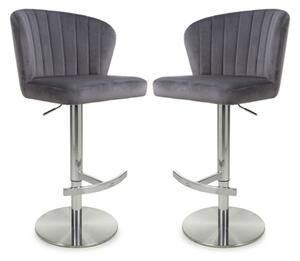 Solvo Grey Velvet Bar Stools With Chrome Base In Pair