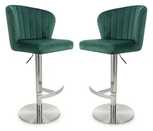 Solvo Green Velvet Bar Stools With Chrome Base In Pair