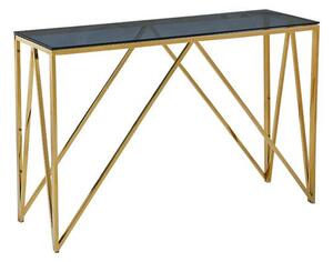 Alaro Glass Console Table In Smoked Blue Grey With Gold Frame