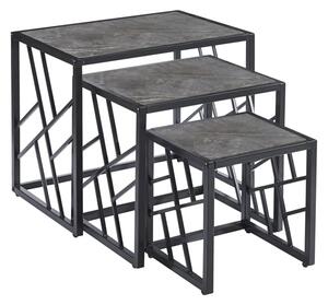 Oslo Gloss Nest Of 3 Tables In Grey Marble Effect Black Frame