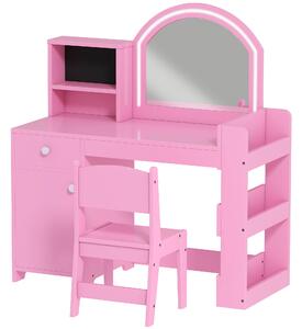 AIYAPLAY Kids Vanity Table and Chair Set, Girls Dressing Table with 2-Colour LED Mirror, Stool, Cabinet, Drawer, Shelves, Pink