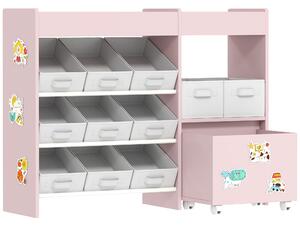AIYAPLAY Kids Toy Storage Unit with 11 Bins, Cabinet, Top Shelves, 3 Stickers, for Nursery, Playroom, Pink