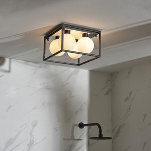 Adel Matt Opal Glass Shade Square Bathroom Flush Light In Black