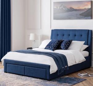 Fauna Fabric Double Bed With 4 Drawers In Blue