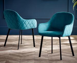 Lamar Teal Velvet Dining Chairs With Black Legs In Pair