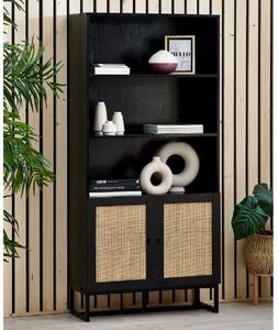 Pabla Wooden Bookcase With 2 Doors In Rattan And Black