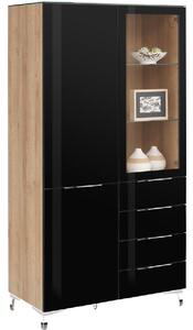 Solna Wooden Display Cabinet With Black Glass Fronts In Oak