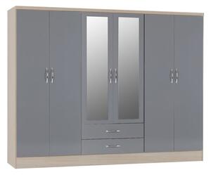 Mack Oak Wooden Wardrobe With 6 Doors Grey Gloss Front