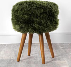 Bovril Sheepskin Stool With Oak Wooden Legs In Olive Green